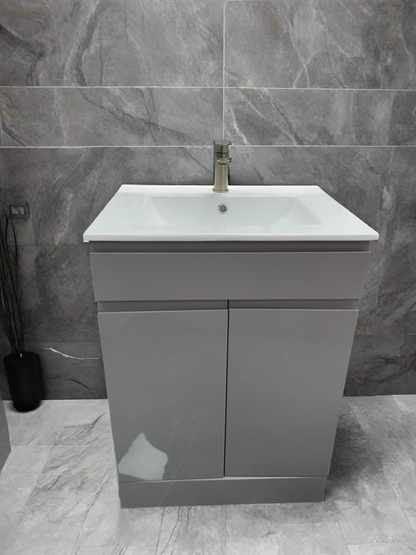 D60 600mm Grey Gloss 2-Door Handless Floor standing Bathroom Vanity unit with Nano Glazed Ceramic Basin