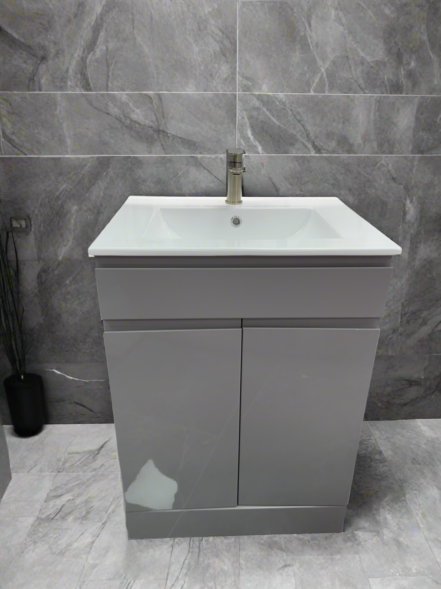 D60 600mm Grey Gloss 2-Door Handless Floor standing Bathroom Vanity unit with Nano Glazed Ceramic Basin