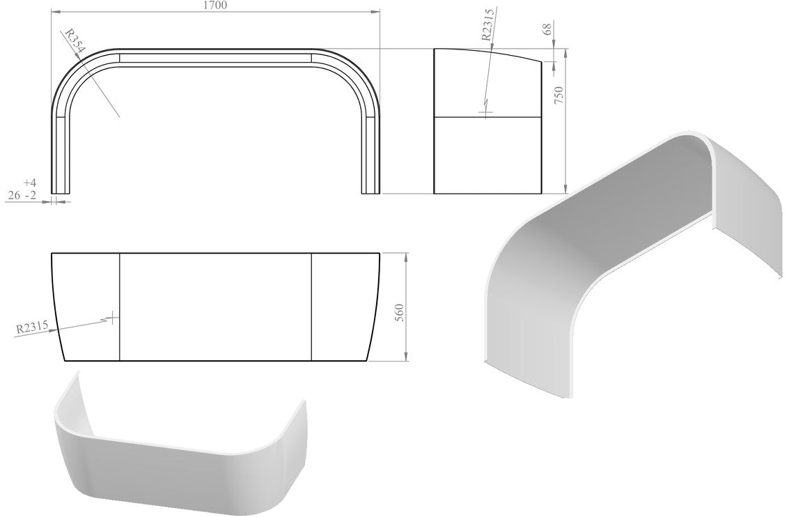 1700mm J Shape Bath Panel