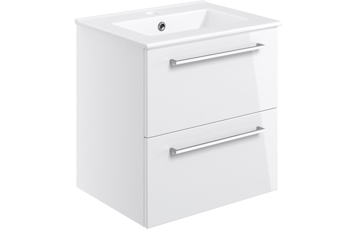 Volta 510mm Wall Hung 2 Drawer Basin Unit & Basin - White Gloss