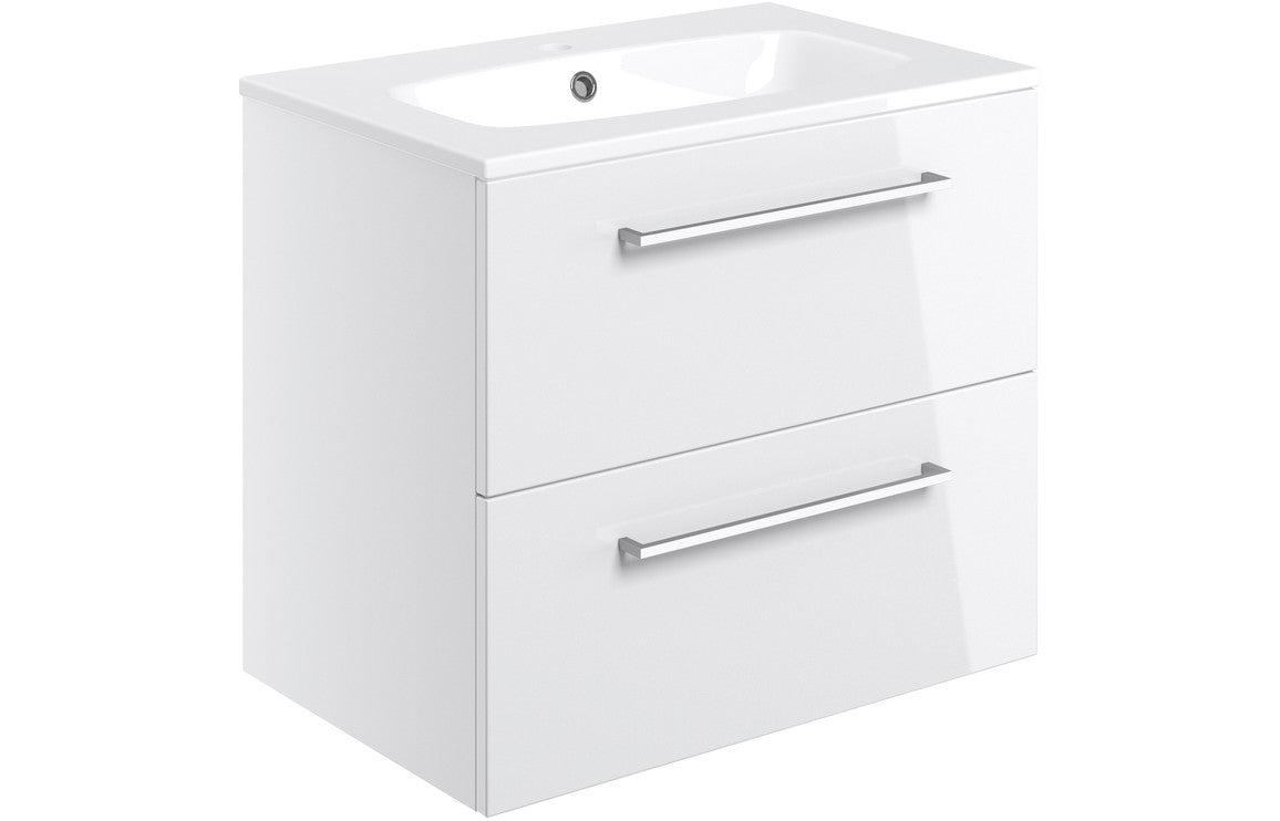 Volta 610mm Wall Hung 2 Drawer Basin Unit & Basin - White Gloss