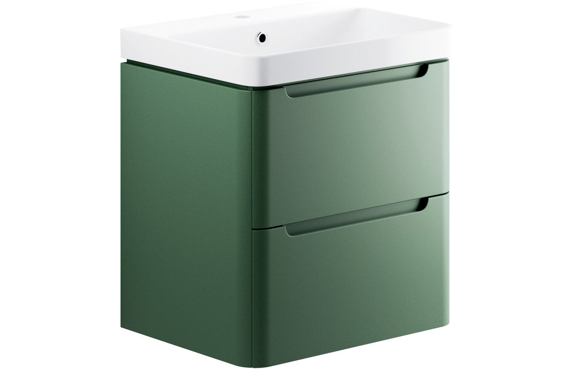 Lambi 600mm 2 Drawer Wall Hung Basin Unit - Matt Sage Green