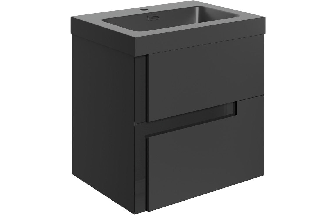 Cresta 605mm Wall Hung 2 Drawer Basin Unit & Co-ordinating Basin - Matt Black & Glass