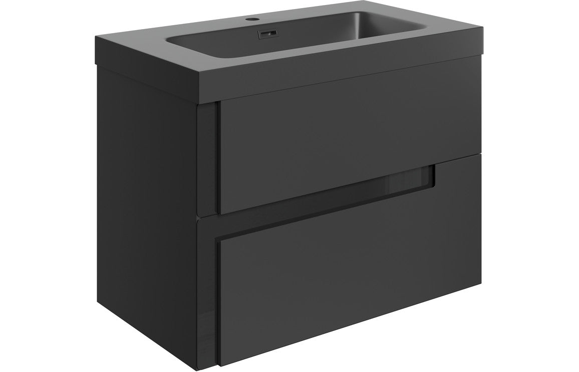 Cresta 805mm Wall Hung 2 Drawer Basin Unit & Co-ordinating Basin - Matt Black & Glass