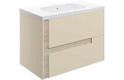 Cresta  815mm Wall Hung 2 Drawer Basin Unit & White Basin - Matt Cotton & Oak Effect