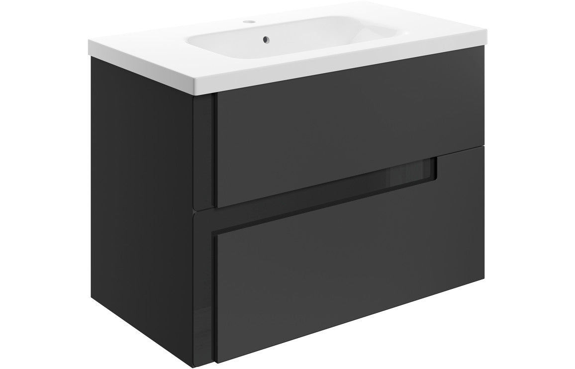 Cresta 815mm Wall Hung 2 Drawer Basin Unit & White Basin - Matt Black & Glass