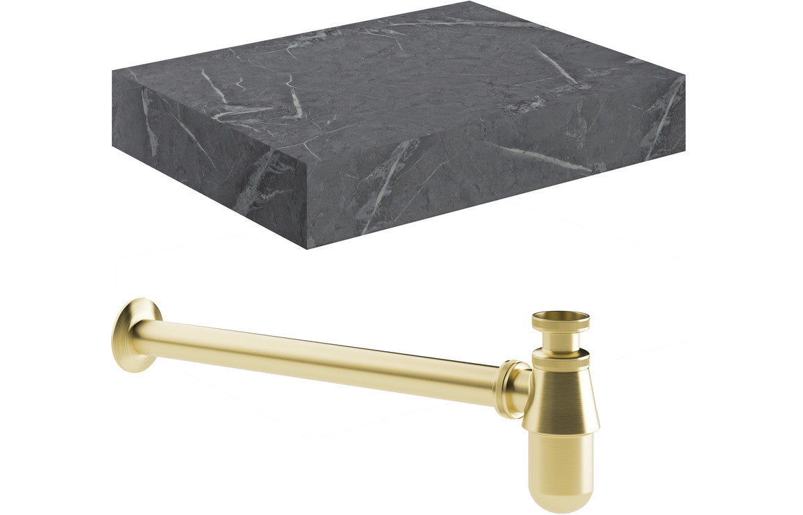 Nature 800mm Wall Hung Grey Marble Basin Shelf & Bottle Trap