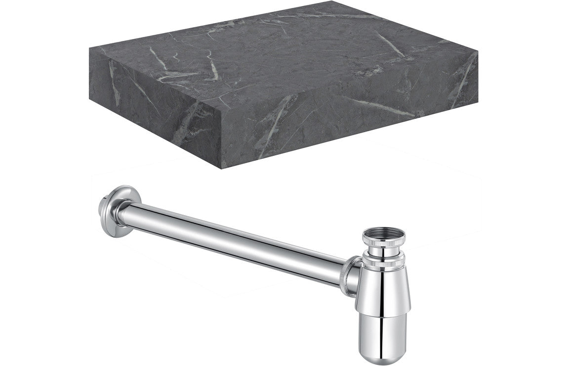 Nature 600mm Wall Hung Grey Marble Basin Shelf & Bottle Trap