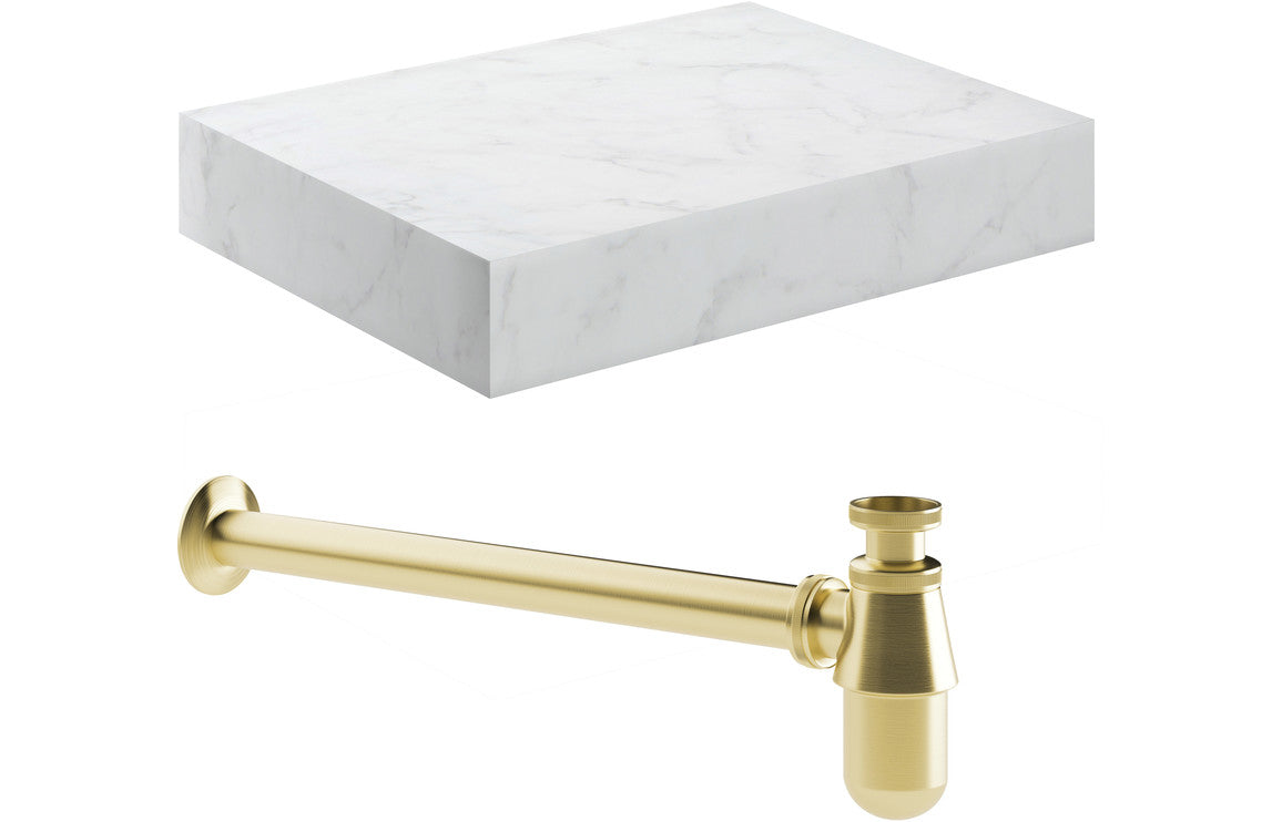 Nature 600mm Wall Hung White Marble Basin Shelf & Bottle Trap