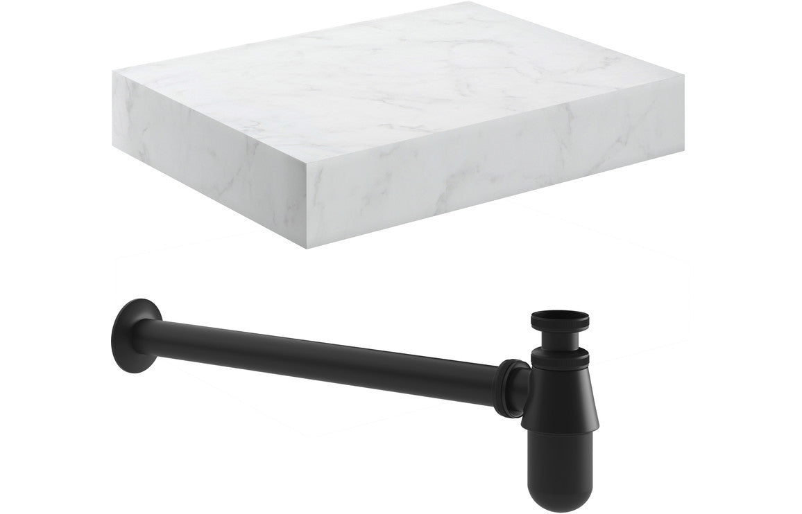 Nature 600mm Wall Hung White Marble Basin Shelf & Bottle Trap