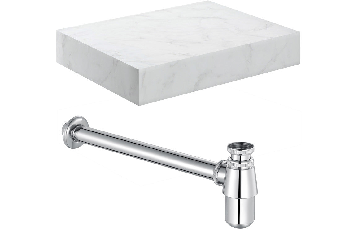 Nature 600mm Wall Hung White Marble Basin Shelf & Bottle Trap