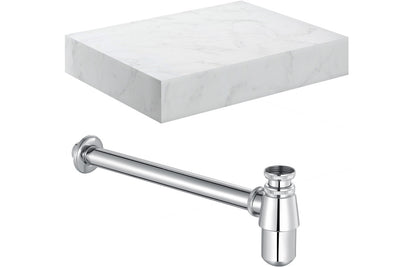 Nature 600mm Wall Hung White Marble Basin Shelf & Bottle Trap