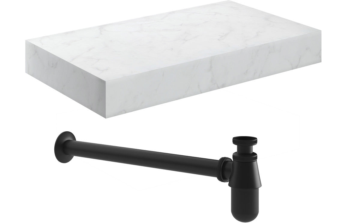 Nature 800mm Wall Hung White Marble Basin Shelf & Bottle Trap