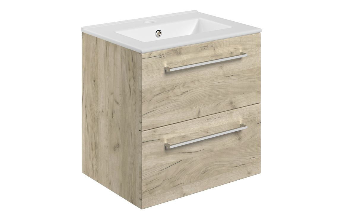 Volta 510mm Wall Hung 2 Drawer Basin Unit & Basin - Oak