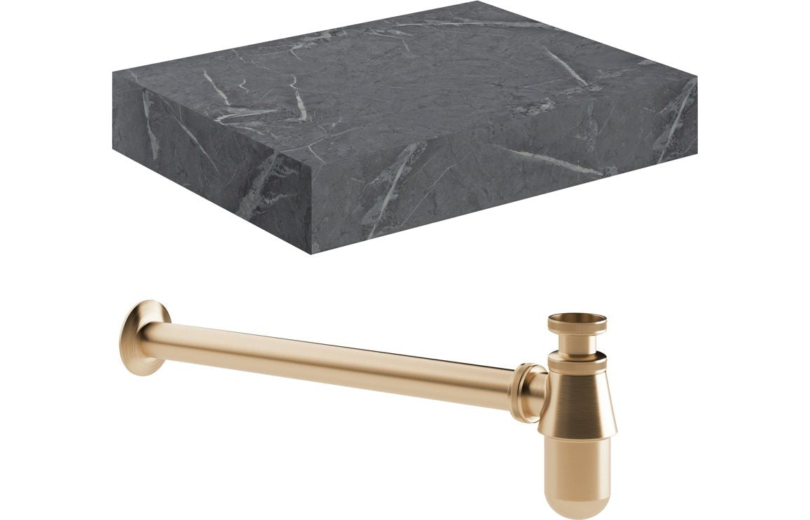 Nature 600mm Wall Hung Grey Marble Basin Shelf & Bottle Trap