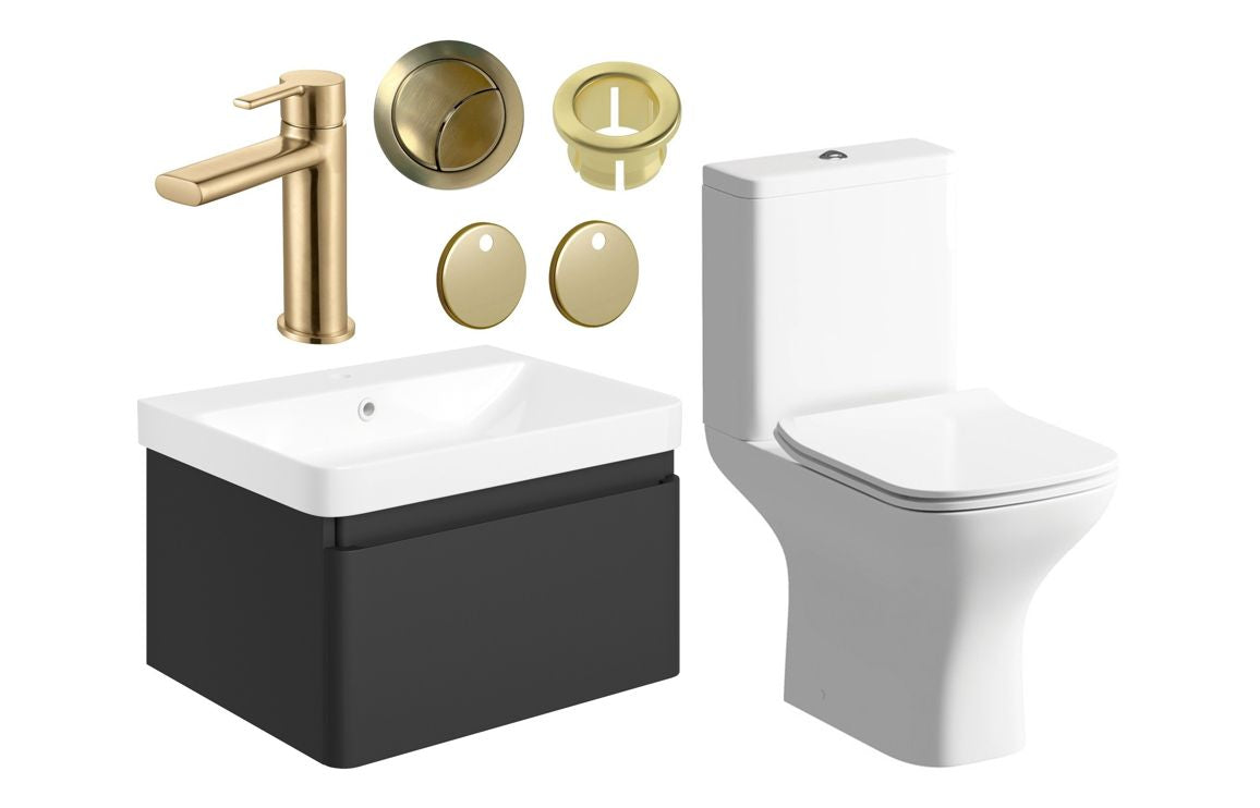 Cosmos 600mm Basin Unit & Close Coupled WC Pack w/Brushed Brass Finishes