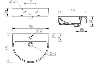Cilantro 555x430mm 1TH Basin & Semi Pedestal