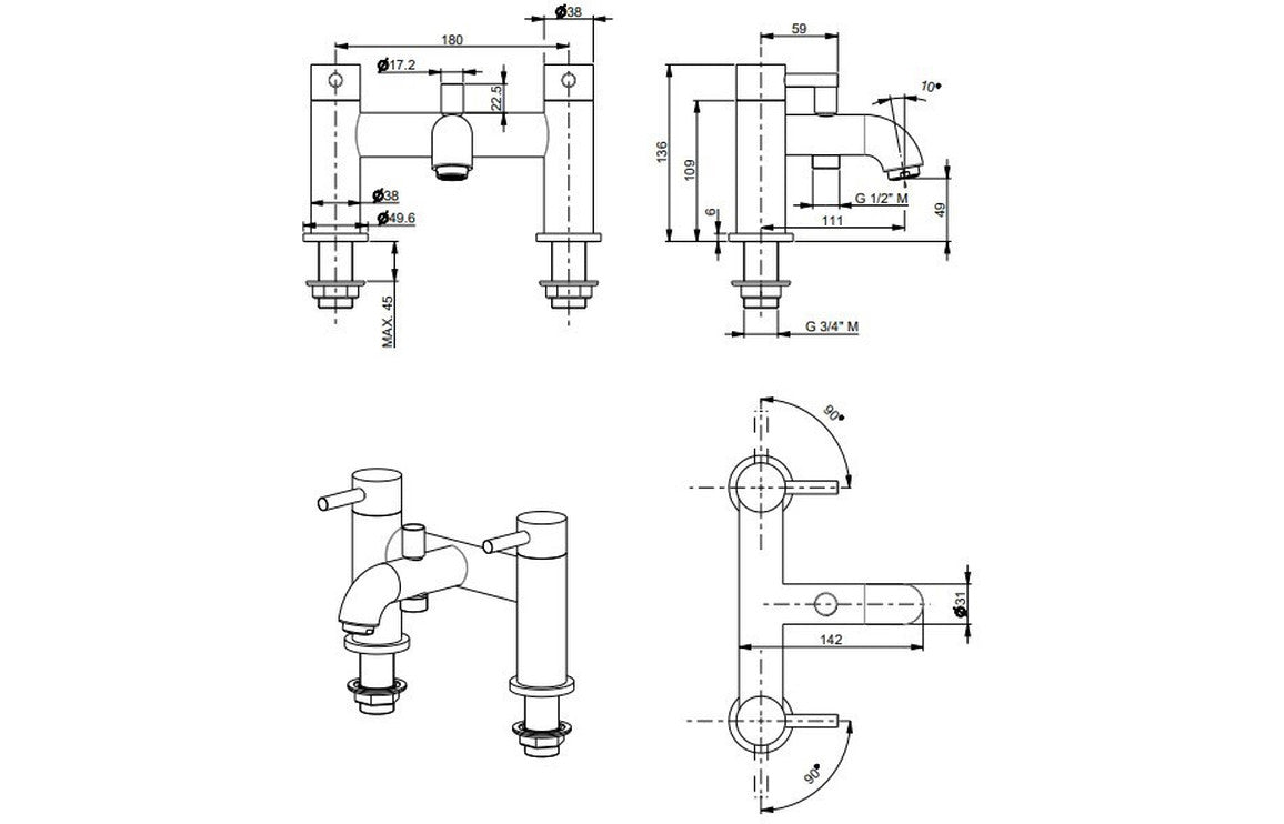 Vema Maira Deck Mounted Bath/Shower Mixer - Matt Black