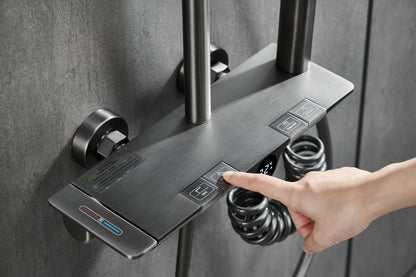 Novo Dynamic Thermostatic Brushed Gunmetal Modern Mixer Shower System 4-Function Solid Brass