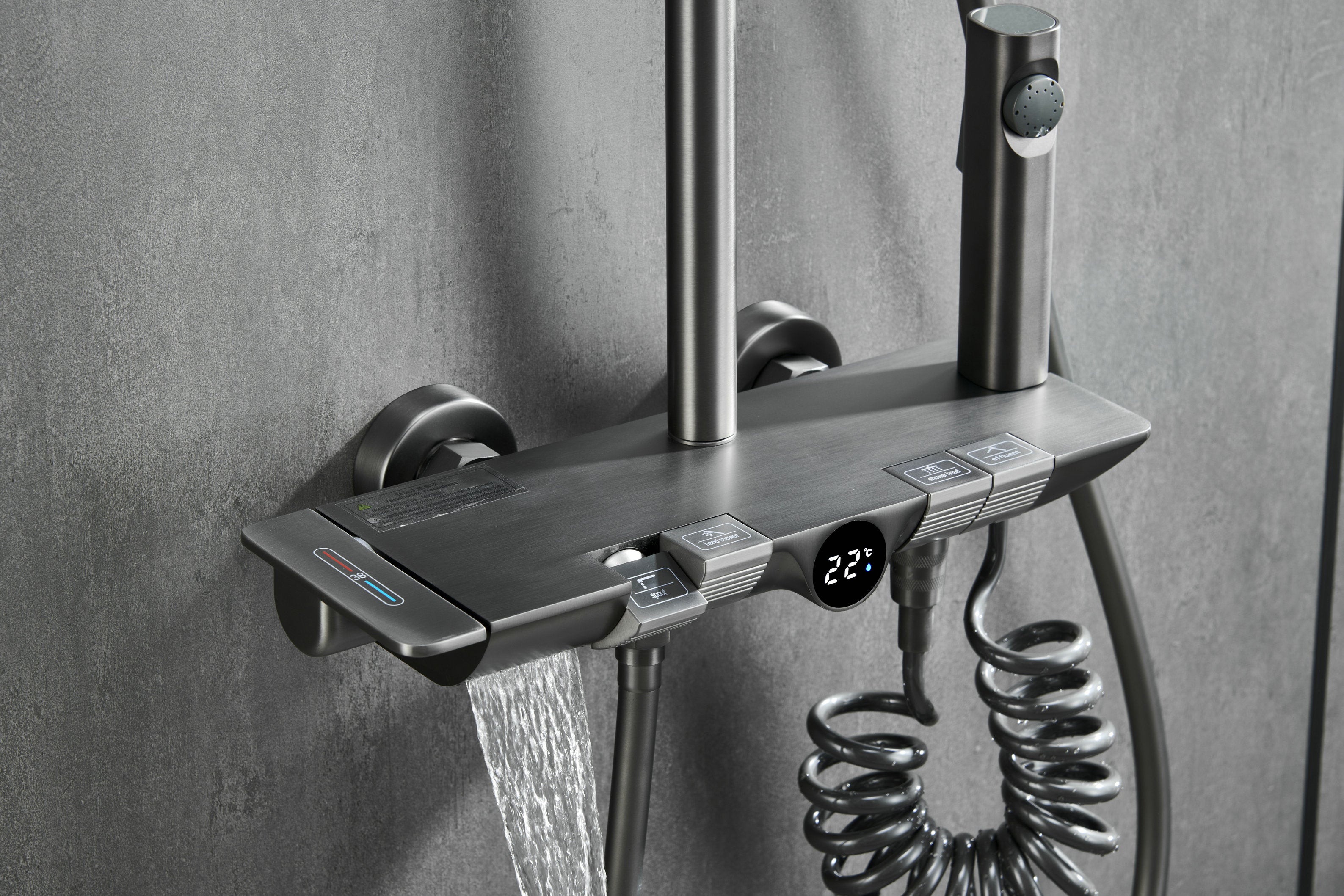 Novo Dynamic Thermostatic Brushed Gunmetal Modern Mixer Shower System 4-Function Solid Brass