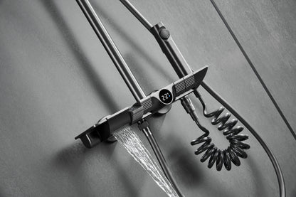 Novo Dynamic Thermostatic Brushed Gunmetal Modern Mixer Shower System 4-Function Solid Brass