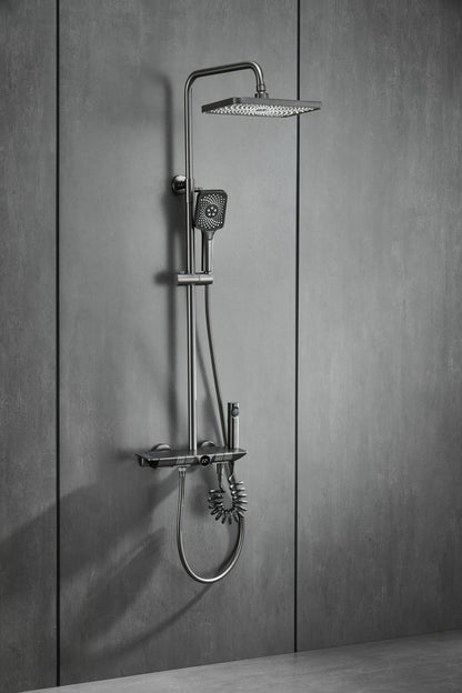 Novo Dynamic Thermostatic Brushed Gunmetal Modern Mixer Shower System 4-Function Solid Brass