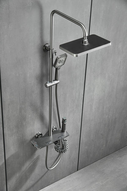Novo Dynamic Thermostatic Brushed Gunmetal Modern Mixer Shower System 4-Function Solid Brass