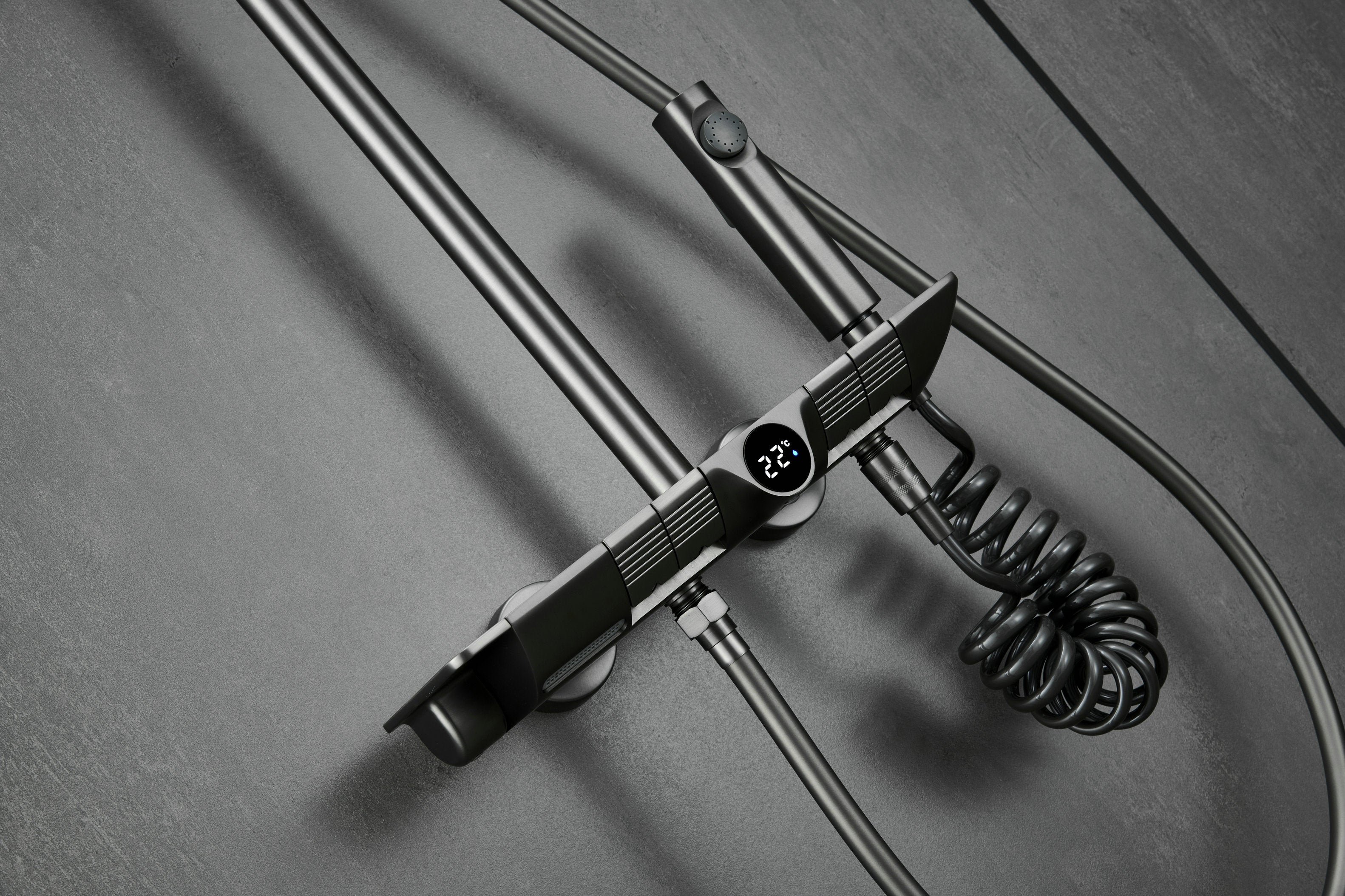 Novo Dynamic Thermostatic Brushed Gunmetal Modern Mixer Shower System 4-Function Solid Brass