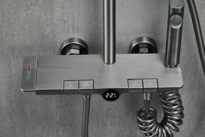 Novo Dynamic Thermostatic Brushed Gunmetal Modern Mixer Shower System 4-Function Solid Brass