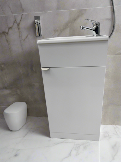 Novo Mini 400mm White Gloss Single door Floorstanding Cloackroom Vanity unit with Nano Ceramic Glazed Basin