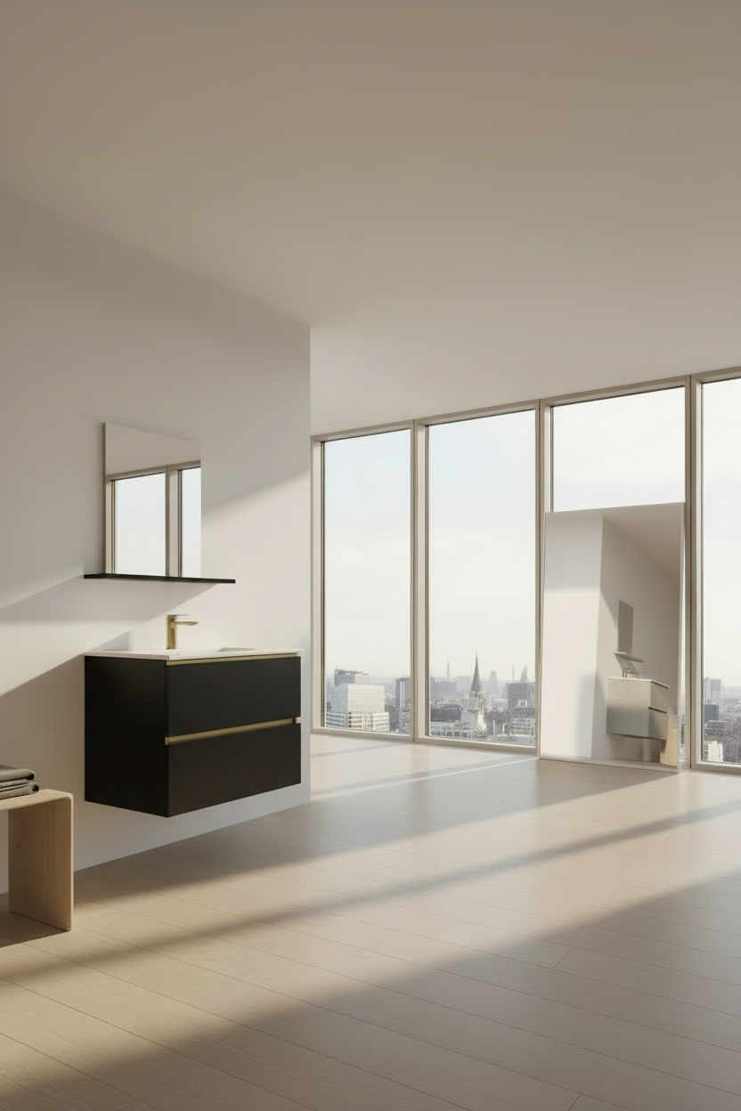3107-70 matt Black 700mm 2-Draw Handless Wall Hung Bathroom Vanity unit Inc Nano Glazed Ceramic Basin