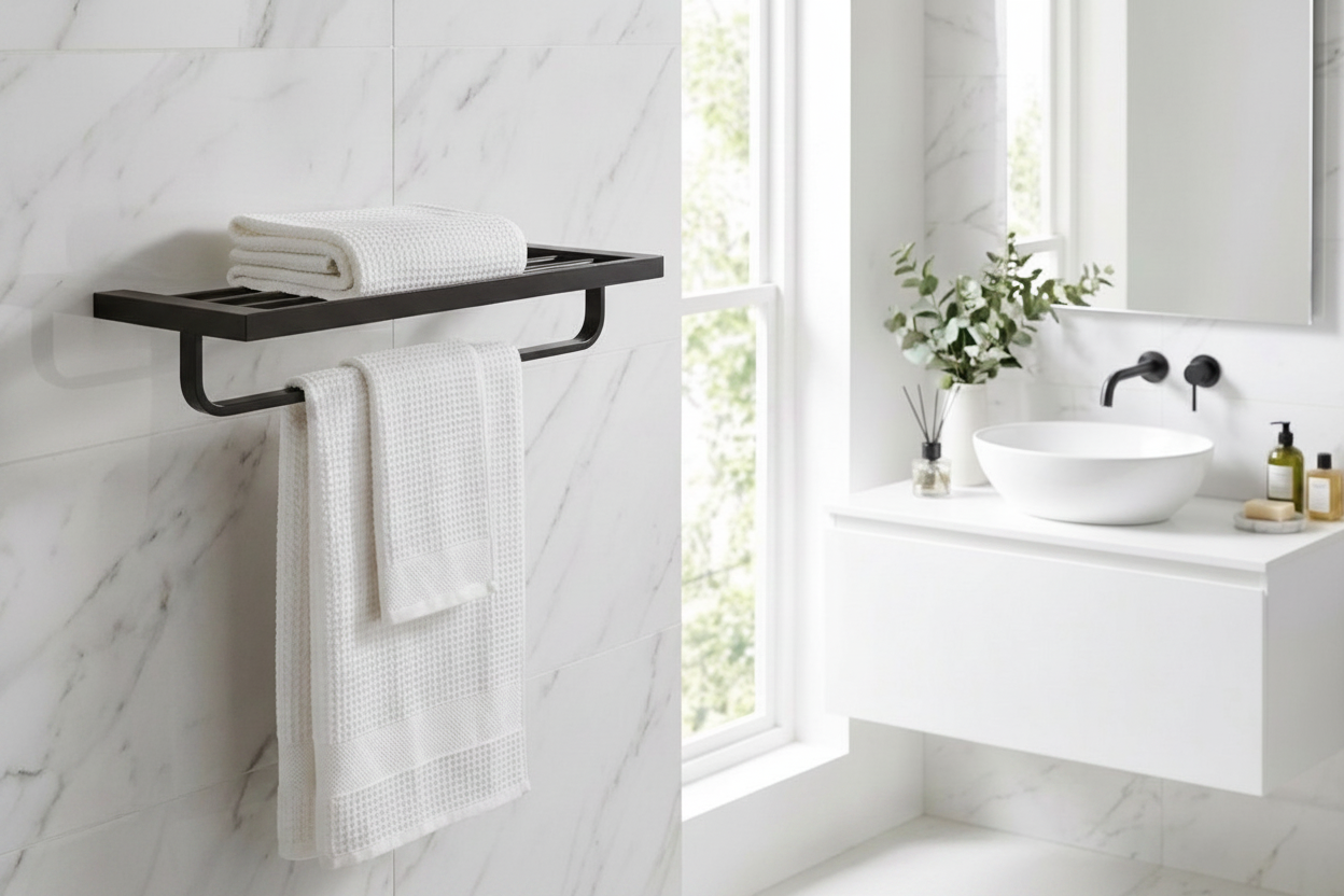 Novo Double Towel Rail with Towel Rack Matt Black
