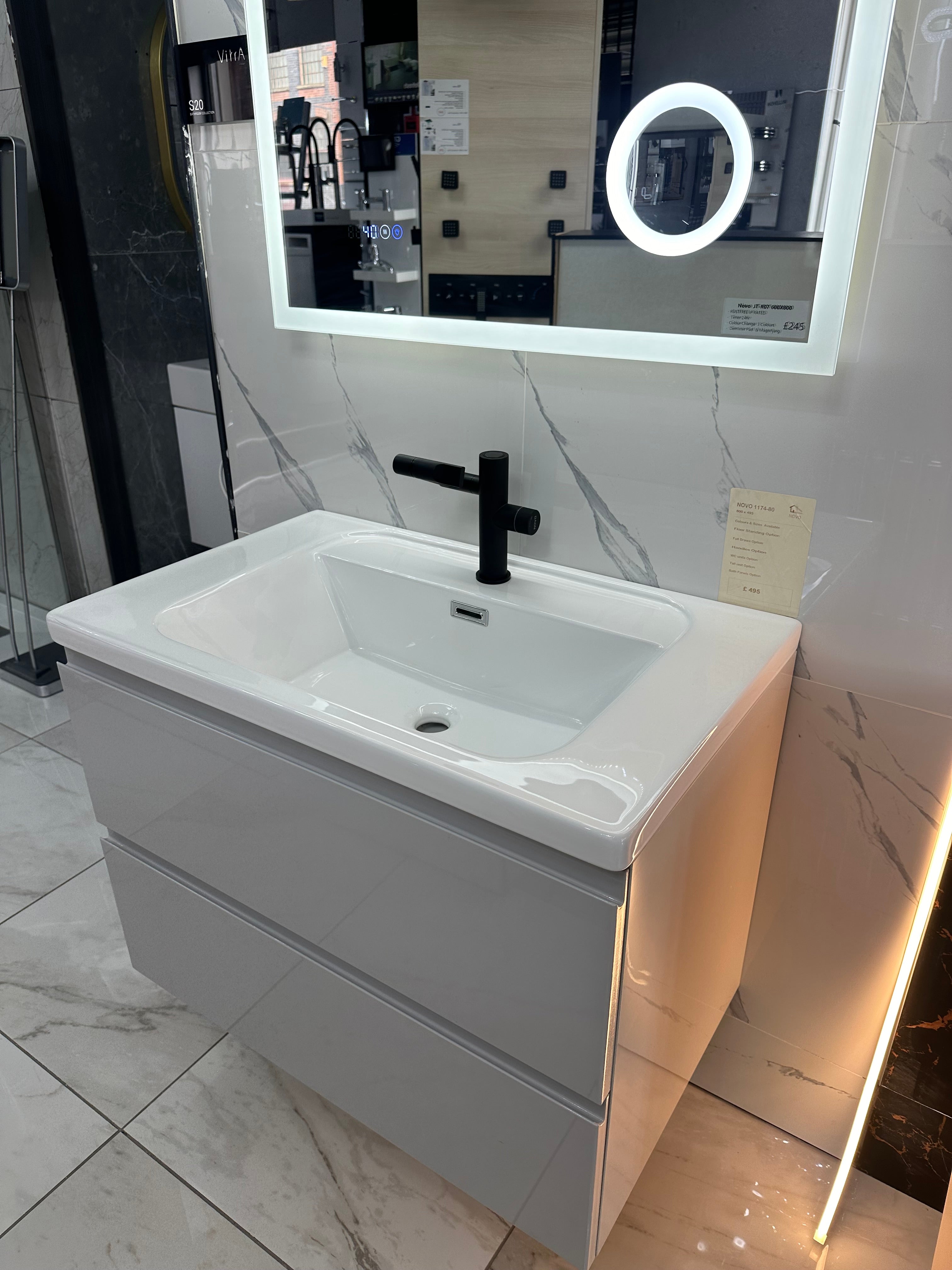 Novo 1174-80 Opus Light Grey 2-Draw Vanity & Nano Glazed Ceramic Basin
