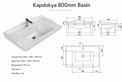 Kapdokia 800mm White Regato 2-Draw Wallhung Bathroom Vanity Unit with Nano Glazed Ceramic Basin