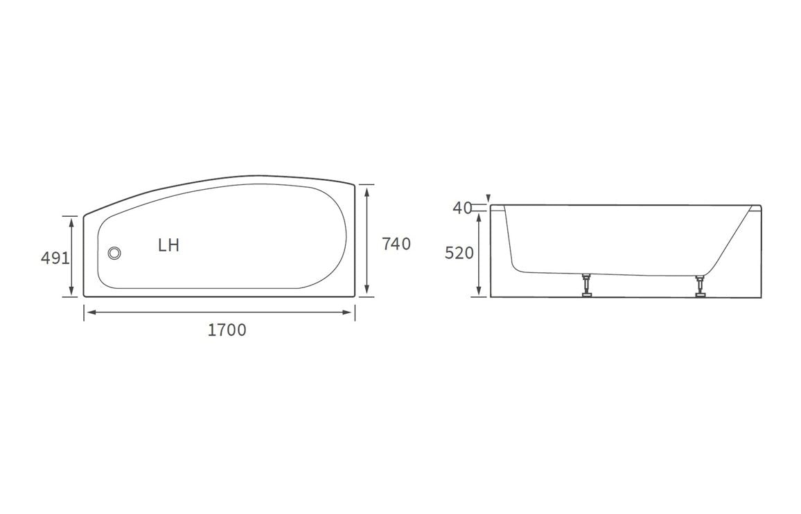 Fortune Space Saving 1700x740x560mm 0TH Bath w/Legs