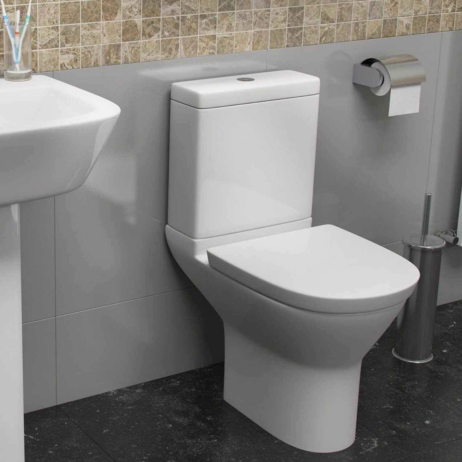 K-V Project Round White Close Coupled WC Pan With Cistern And Seat
