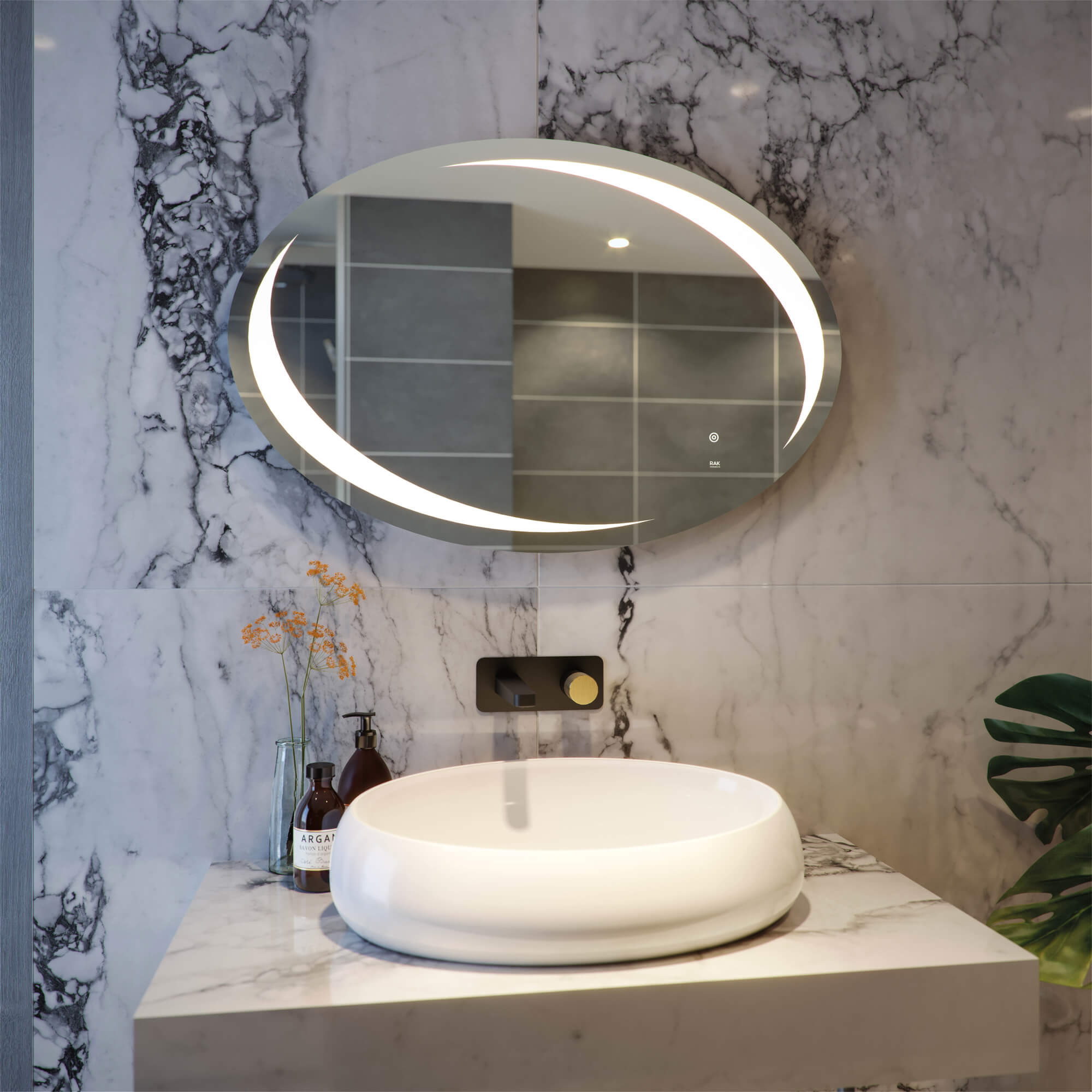 RAK Hades LED Illuminated Oval Mirror With Demister And Touch Sensor Switch 900 x 600mm