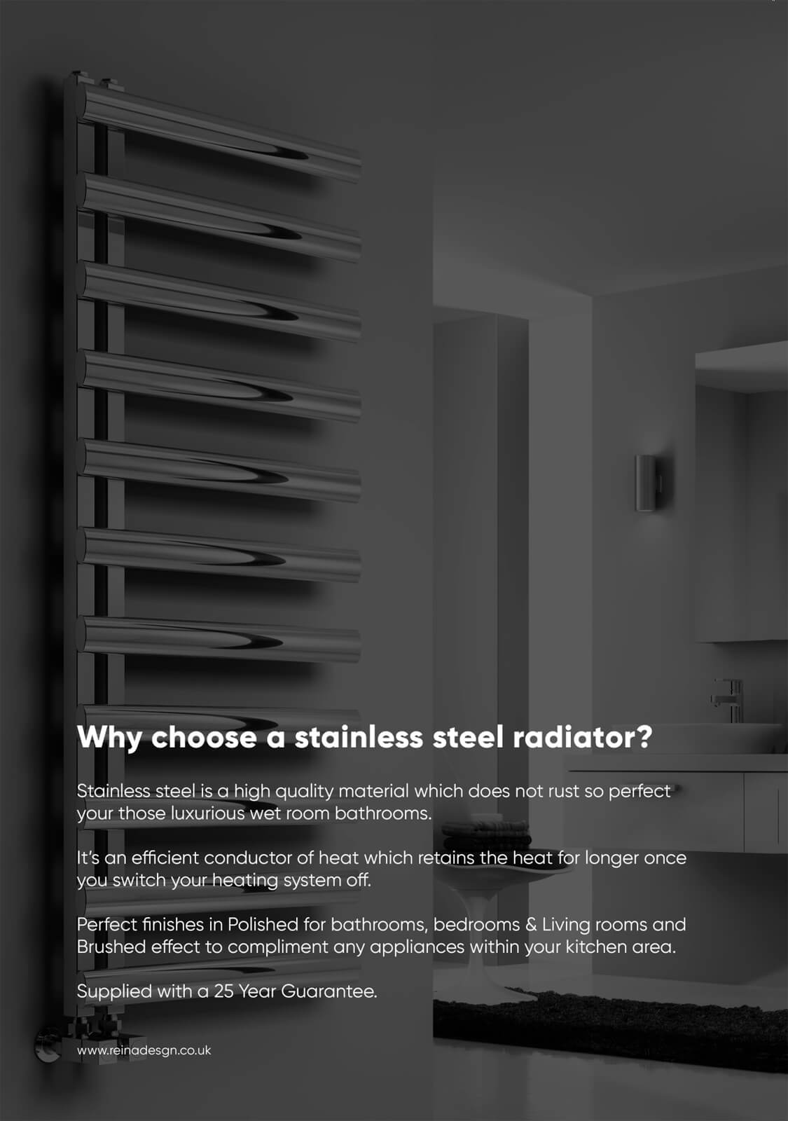 Reina Arden 500mm Wide Stainless Steel Designer Radiator