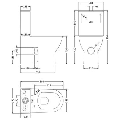 Nuie Freya 384 x 604mm White Close Coupled Toilet With Cistern And Seat