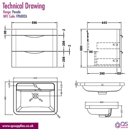 Nuie Parade 540mm High 2 Drawer Wall Hung Cabinet And Basin