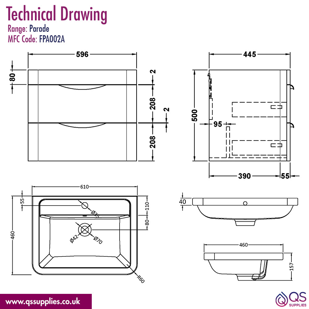 Nuie Parade 540mm High 2 Drawer Wall Hung Cabinet And Basin