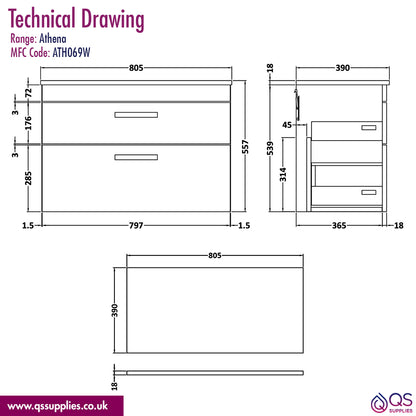 Nuie Athena 2 Drawer Wall Hung Vanity Unit With Worktop