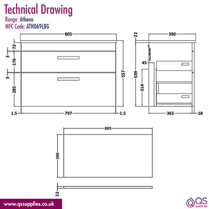 Nuie Athena 2 Drawer Wall Hung Vanity Unit With Worktop