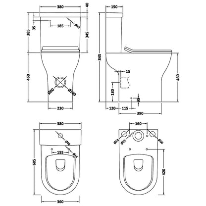 Nuie Freya 380 x 605mm Comfort Height Rimless Closed Coupled Toilet