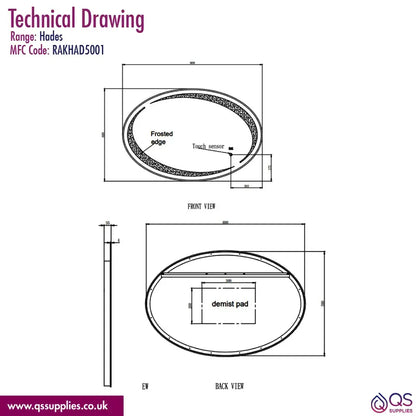 RAK Hades LED Illuminated Oval Mirror With Demister And Touch Sensor Switch 900 x 600mm