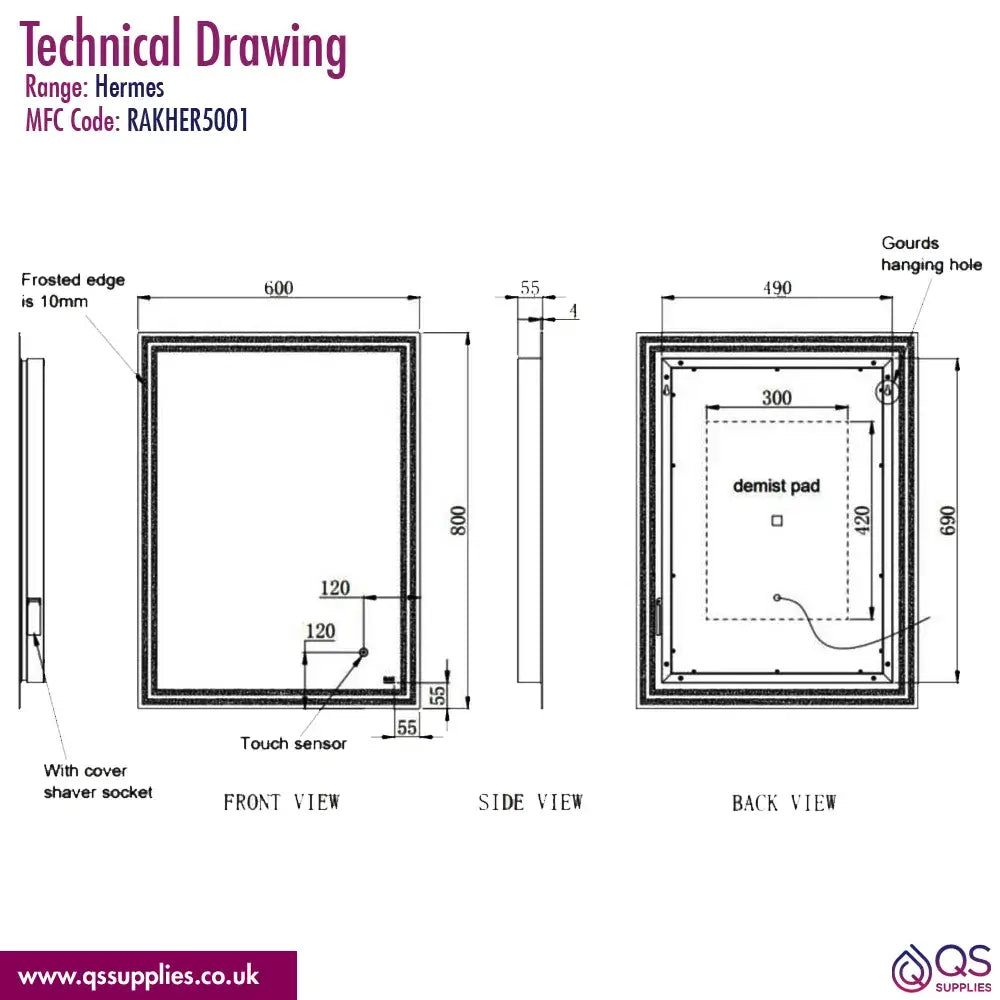 RAK Hermes 600 x 800mm LED Illuminated Portrait Mirror With Touch Sensor Switch