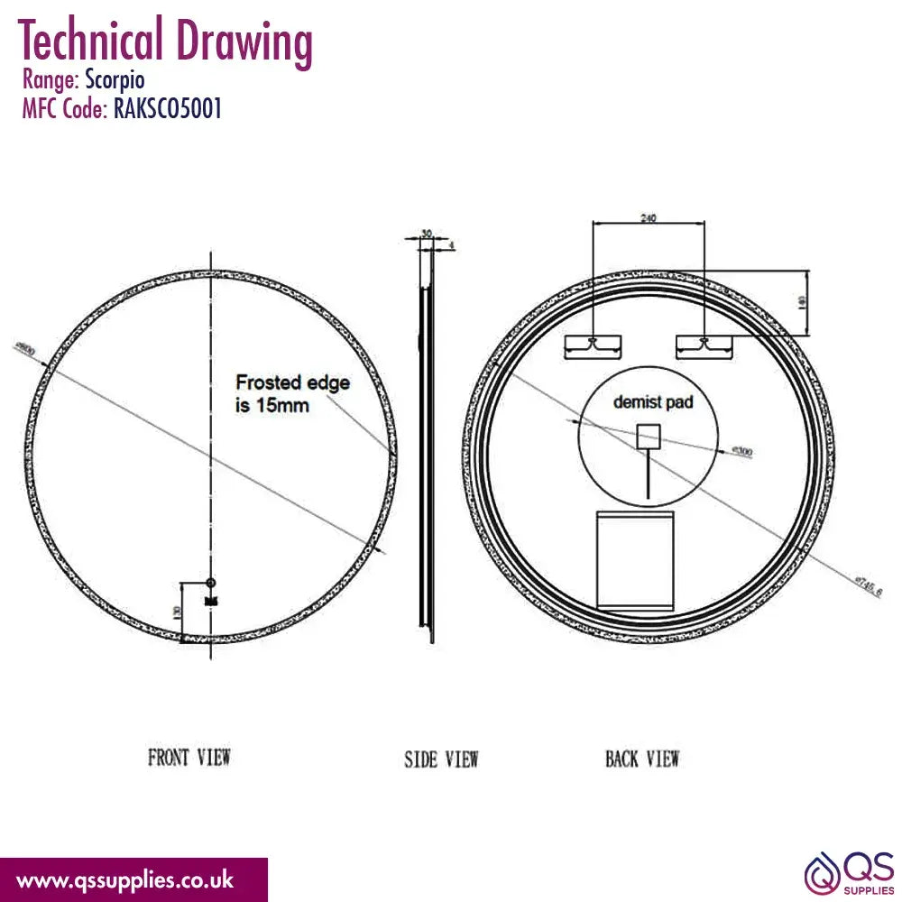 RAK Scorpio 800 x 800mm LED Illuminated Round Mirror With Demister And Touch Sensor Switch