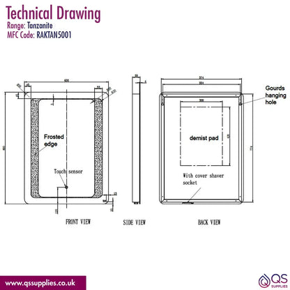 RAK Tanzanite 600 x 800mm LED Illuminated Mirror With Demister And Touch Sensor Switch