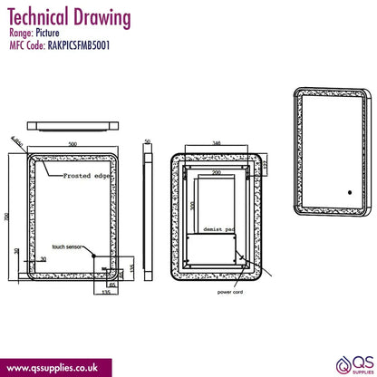 Rak Picture Soft LED Illuminated Rectangular Mirror With Demister Pad