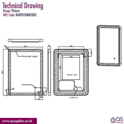 Rak Picture Soft LED Illuminated Rectangular Mirror With Demister Pad